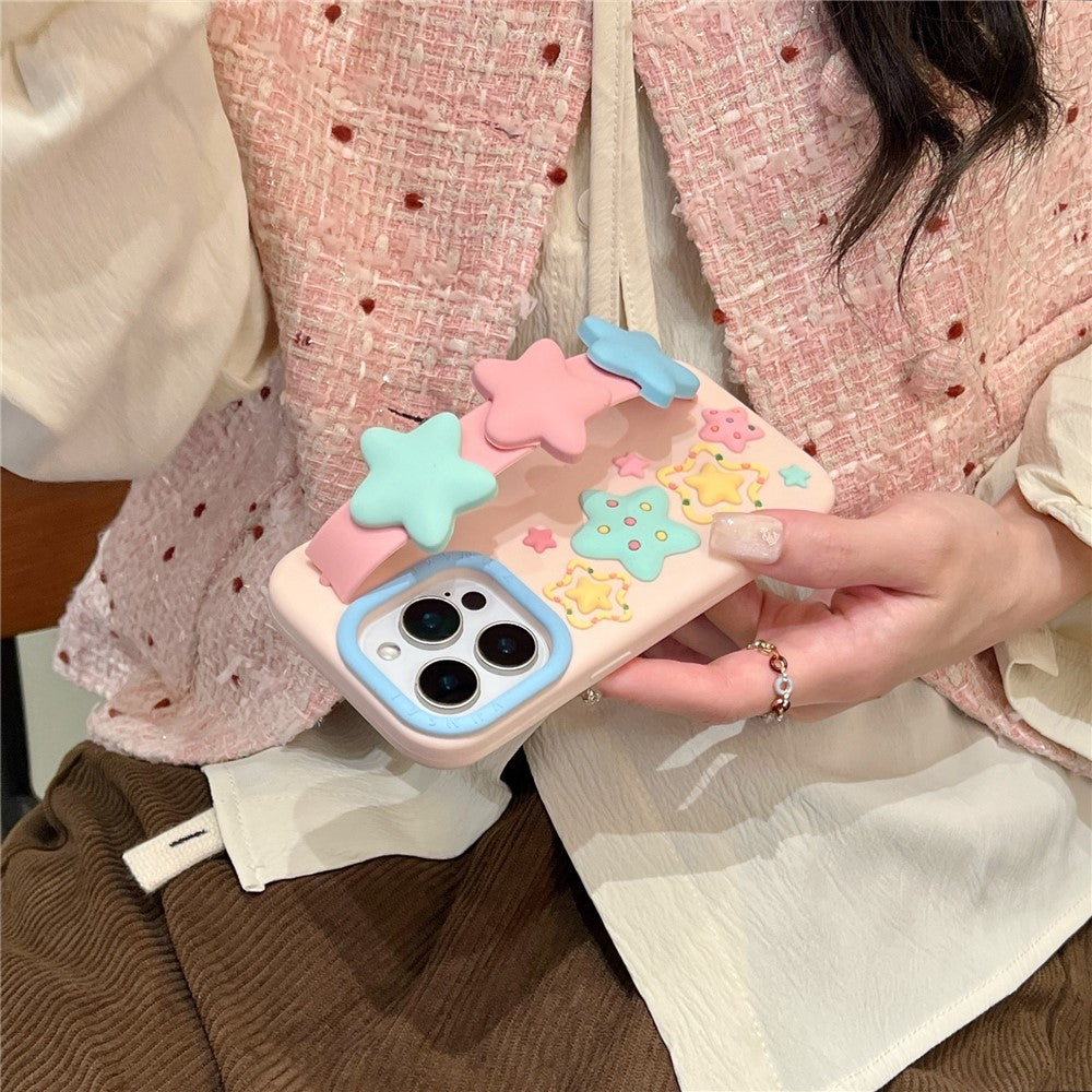 For iPhone 15 Pro Max Silicone Case with Wristband Kickstand Cute Star Design Shockproof Phone Back Cover