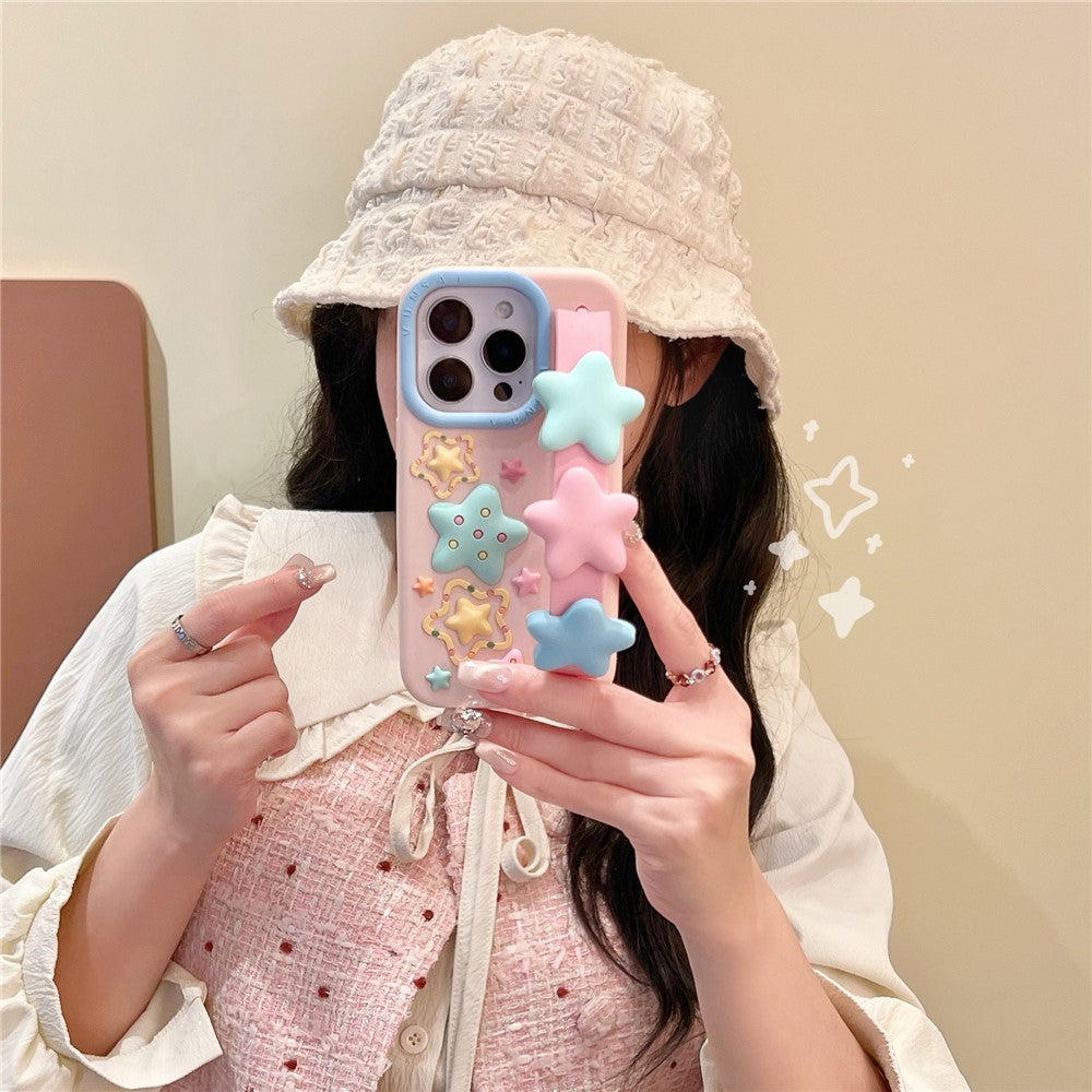 For iPhone 15 Pro Max Silicone Case with Wristband Kickstand Cute Star Design Shockproof Phone Back Cover