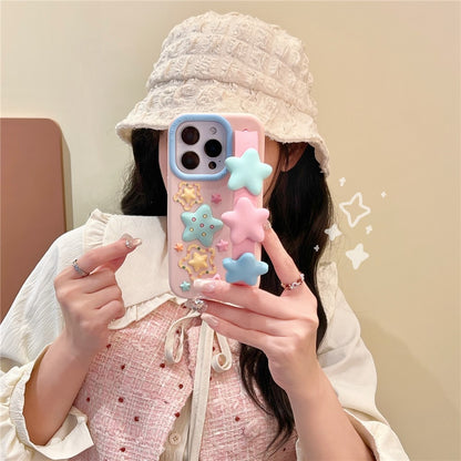 For iPhone 15 Pro Max Silicone Case with Wristband Kickstand Cute Star Design Shockproof Phone Back Cover
