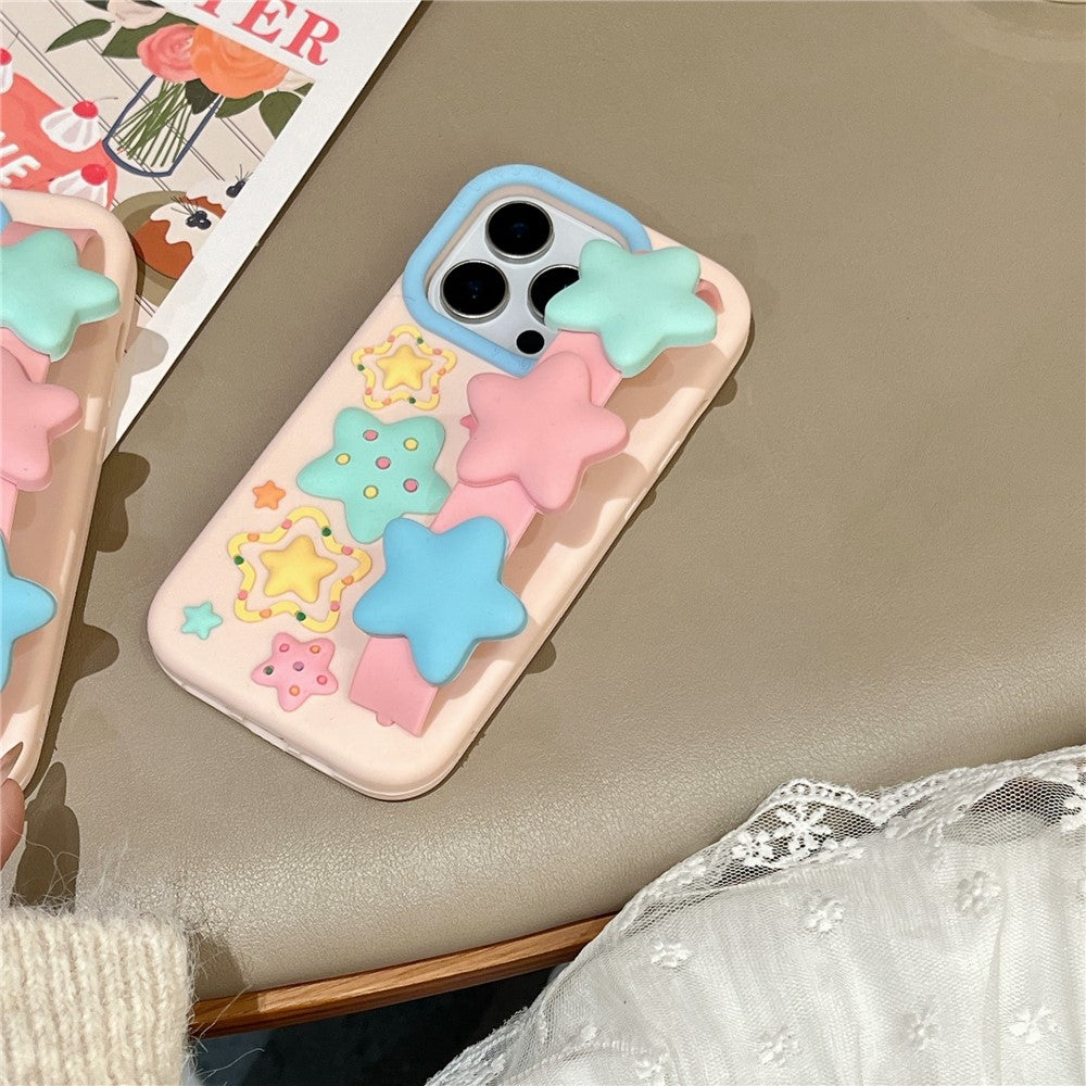 For iPhone 15 Pro Max Silicone Case with Wristband Kickstand Cute Star Design Shockproof Phone Back Cover
