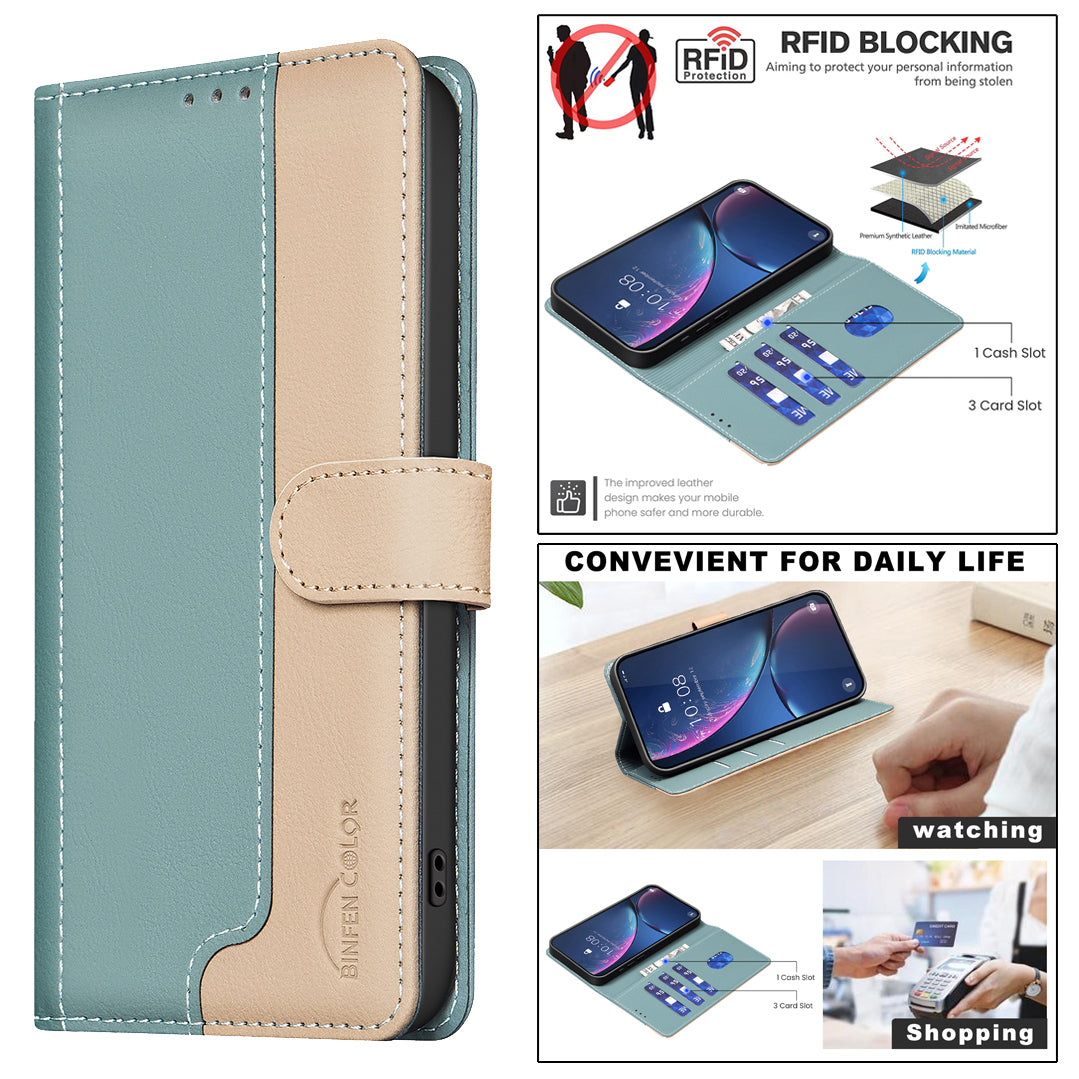 BINFEN COLOR For Samsung Galaxy S26+ Leather Case  Splicing Color RFID Blocking Wallet Stand Phone Cover