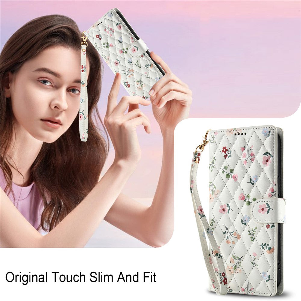 For Samsung Galaxy S26+ Wallet Case Rhombic Floral Design Leather Flip Phone Cover with Strap
