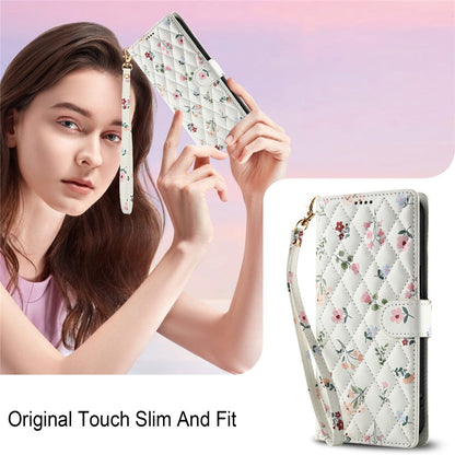 For Samsung Galaxy S26+ Wallet Case Rhombic Floral Design Leather Flip Phone Cover with Strap