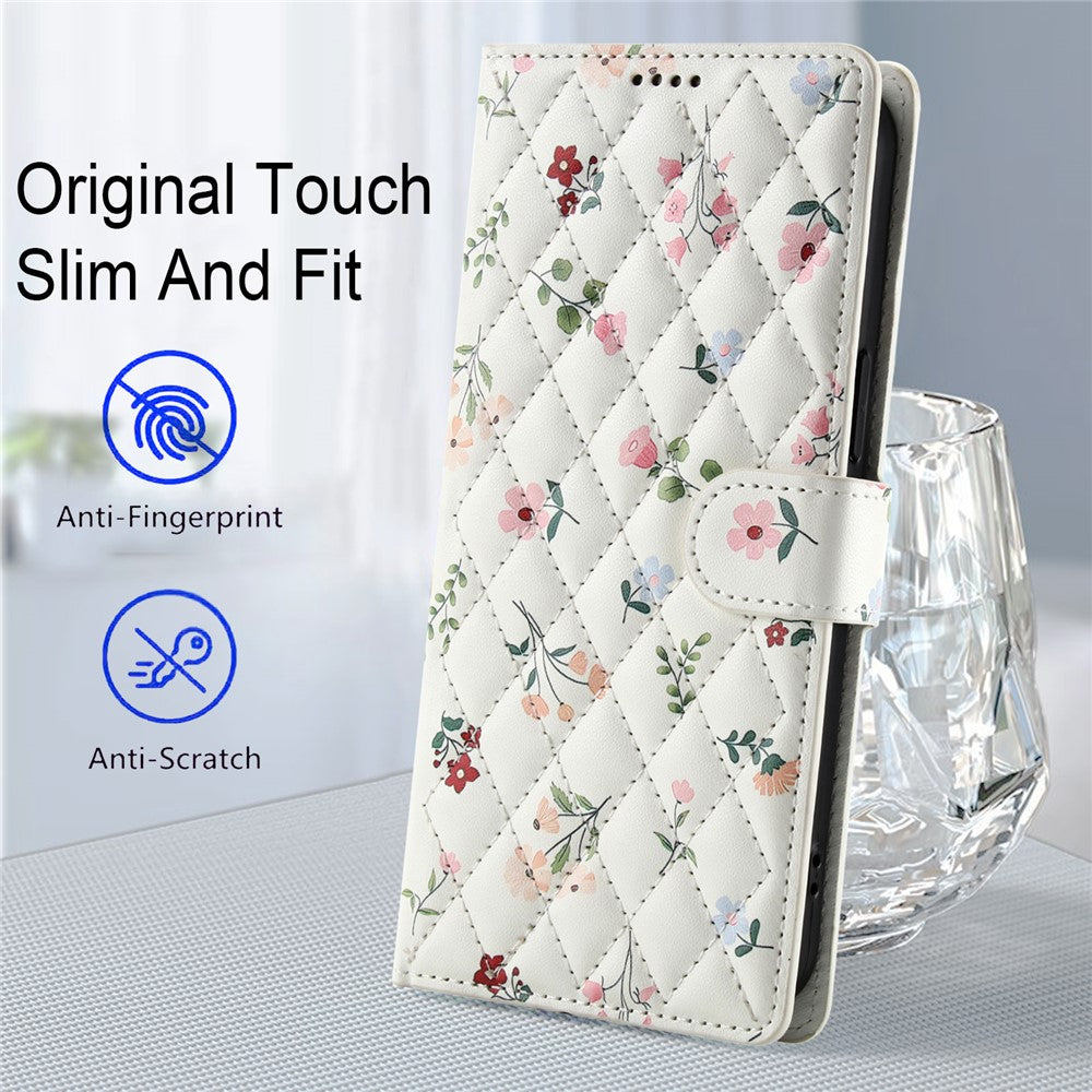 For Samsung Galaxy S26+ Wallet Case Rhombic Floral Design Leather Flip Phone Cover with Strap