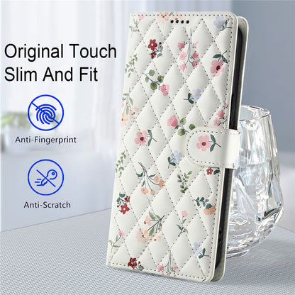 For Samsung Galaxy S26+ Wallet Case Rhombic Floral Design Leather Flip Phone Cover with Strap