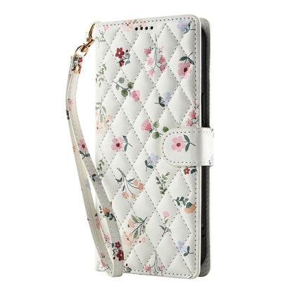 For Samsung Galaxy S26+ Wallet Case Rhombic Floral Design Leather Flip Phone Cover with Strap