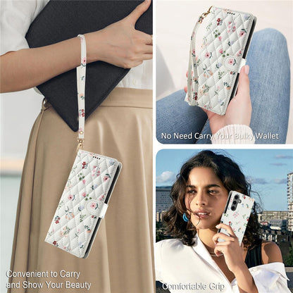 For Samsung Galaxy S26+ Wallet Case Rhombic Floral Design Leather Flip Phone Cover with Strap