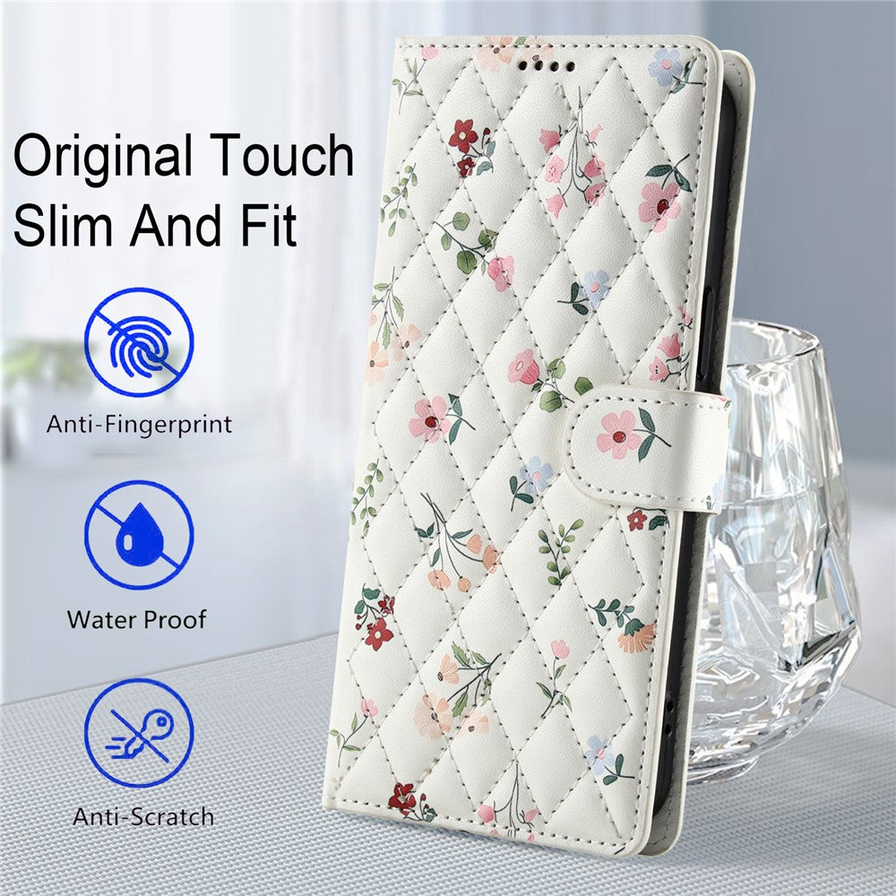 For Samsung Galaxy S26+ Wallet Case Rhombic Floral Design Leather Flip Phone Cover with Strap