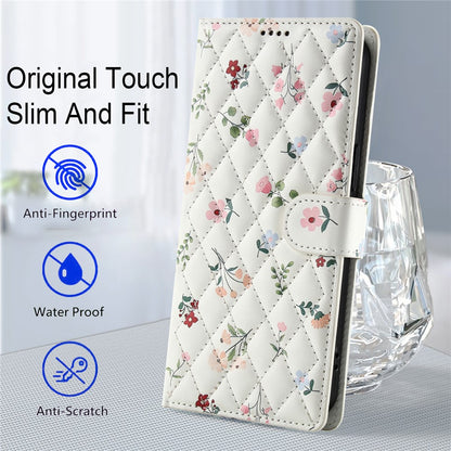 For Samsung Galaxy S26+ Wallet Case Rhombic Floral Design Leather Flip Phone Cover with Strap