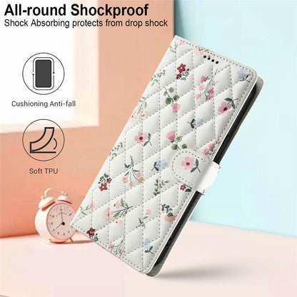 For Samsung Galaxy S26+ Wallet Case Rhombic Floral Design Leather Flip Phone Cover with Strap