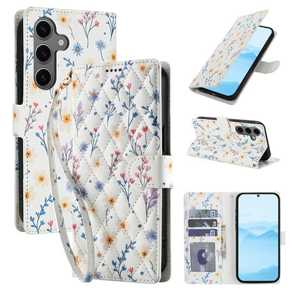 For Samsung Galaxy S26+ Wallet Case Rhombic Floral Design Leather Flip Phone Cover with Strap