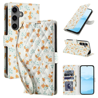 For Samsung Galaxy S26+ Wallet Case Rhombic Floral Design Leather Flip Phone Cover with Strap