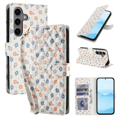 For Samsung Galaxy S26+ Wallet Case Rhombic Floral Design Leather Flip Phone Cover with Strap