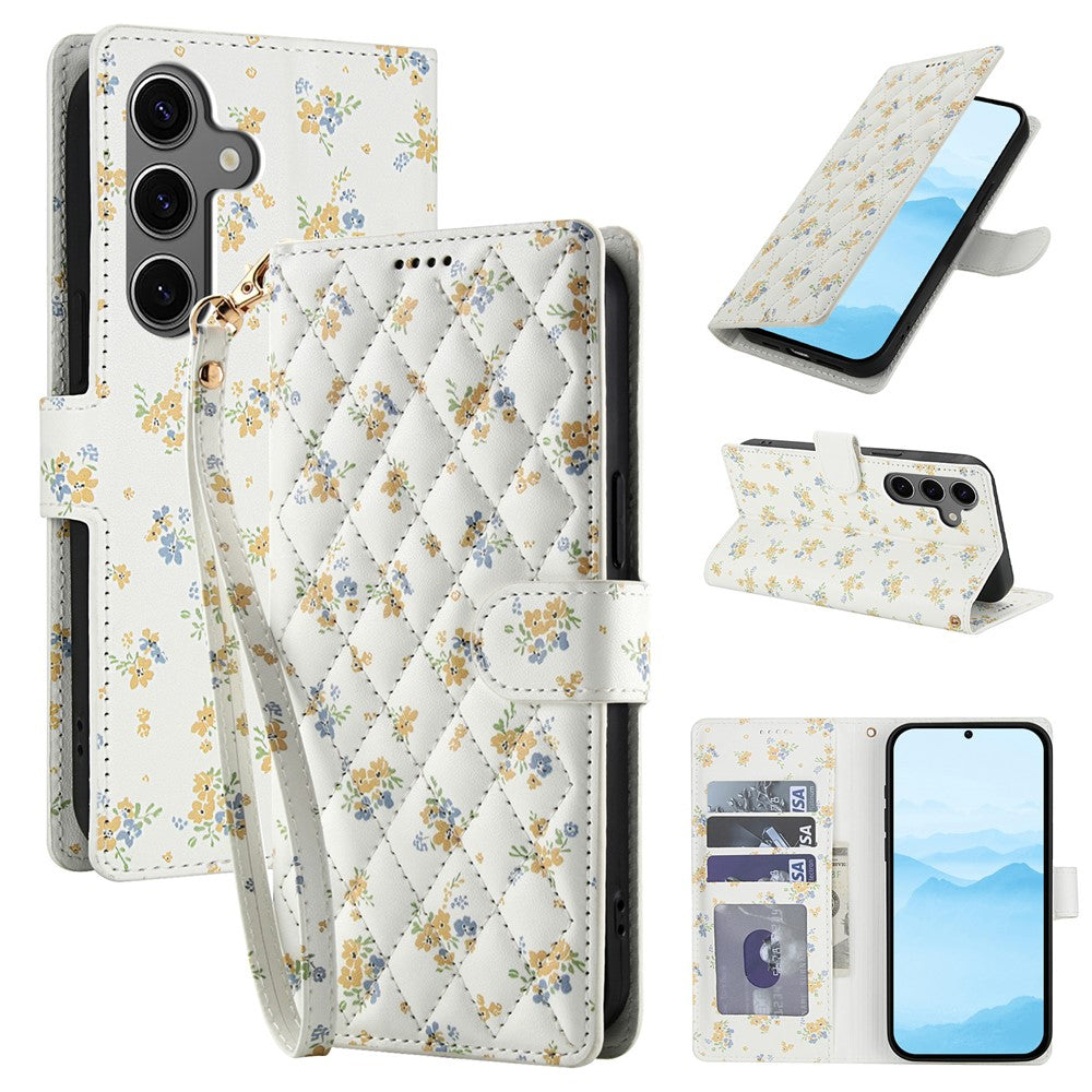 For Samsung Galaxy S26+ Wallet Case Rhombic Floral Design Leather Flip Phone Cover with Strap