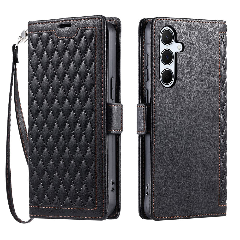 For Samsung Galaxy S26+ Leather Case Rhombus Texture Wallet Stand Phone Cover with Wrist Strap