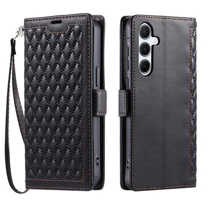 For Samsung Galaxy S26+ Leather Case Rhombus Texture Wallet Stand Phone Cover with Wrist Strap