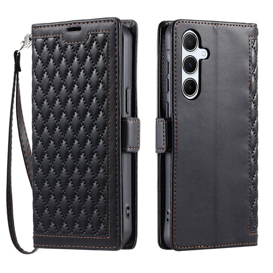 For Samsung Galaxy S26+ Leather Case Rhombus Texture Wallet Stand Phone Cover with Wrist Strap