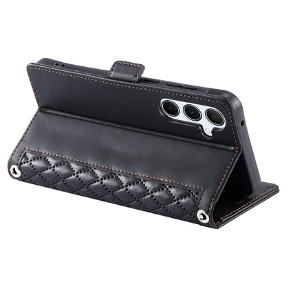 For Samsung Galaxy S26+ Leather Case Rhombus Texture Wallet Stand Phone Cover with Wrist Strap