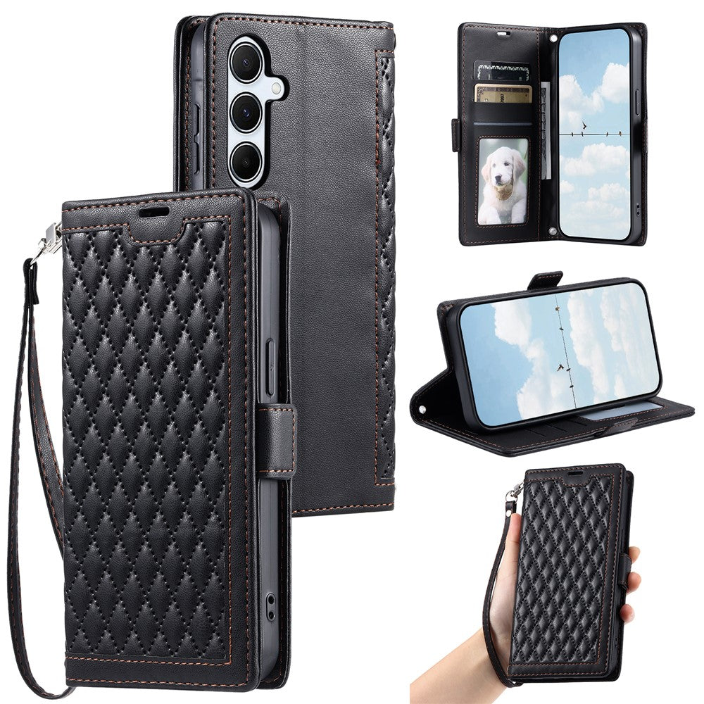 For Samsung Galaxy S26+ Leather Case Rhombus Texture Wallet Stand Phone Cover with Wrist Strap