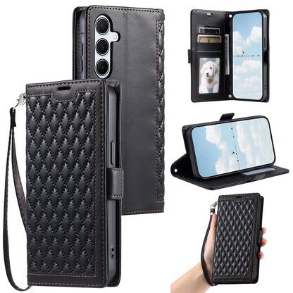 For Samsung Galaxy S26+ Leather Case Rhombus Texture Wallet Stand Phone Cover with Wrist Strap