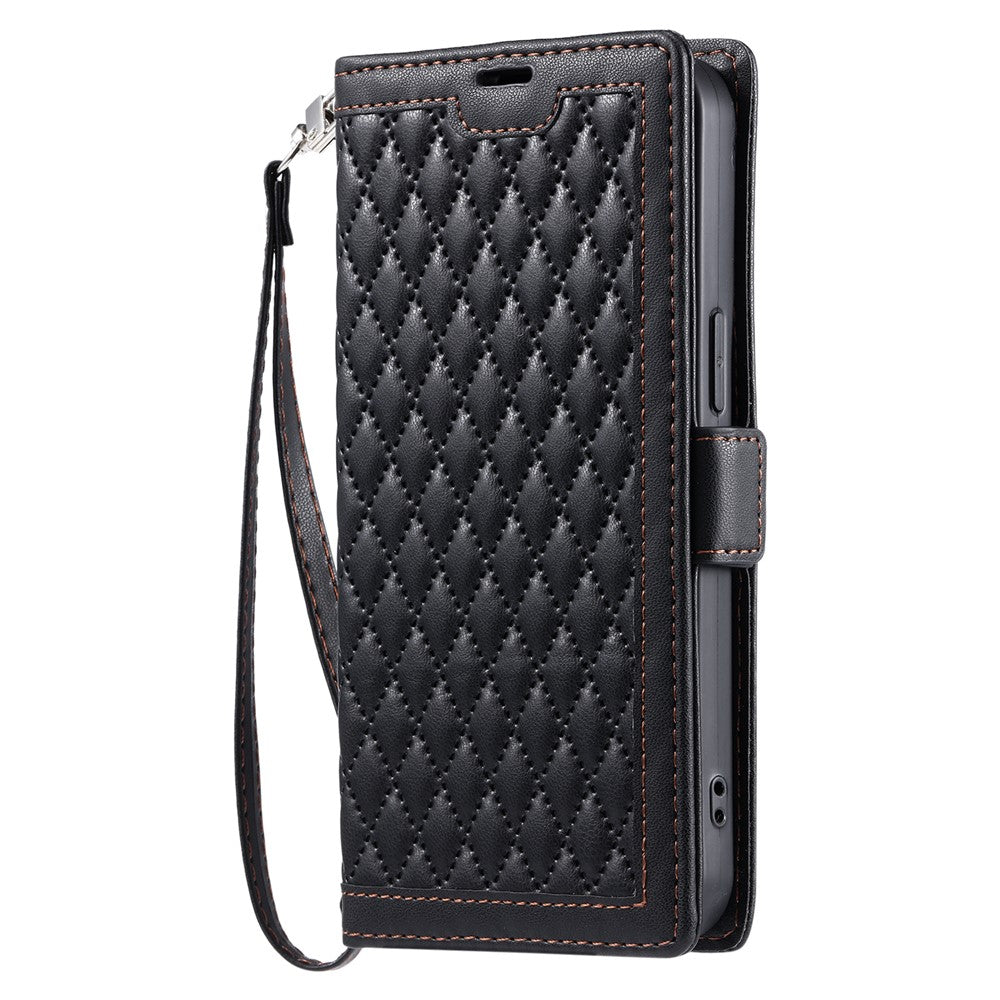 For Samsung Galaxy S26+ Leather Case Rhombus Texture Wallet Stand Phone Cover with Wrist Strap