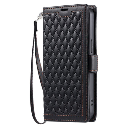 For Samsung Galaxy S26+ Leather Case Rhombus Texture Wallet Stand Phone Cover with Wrist Strap