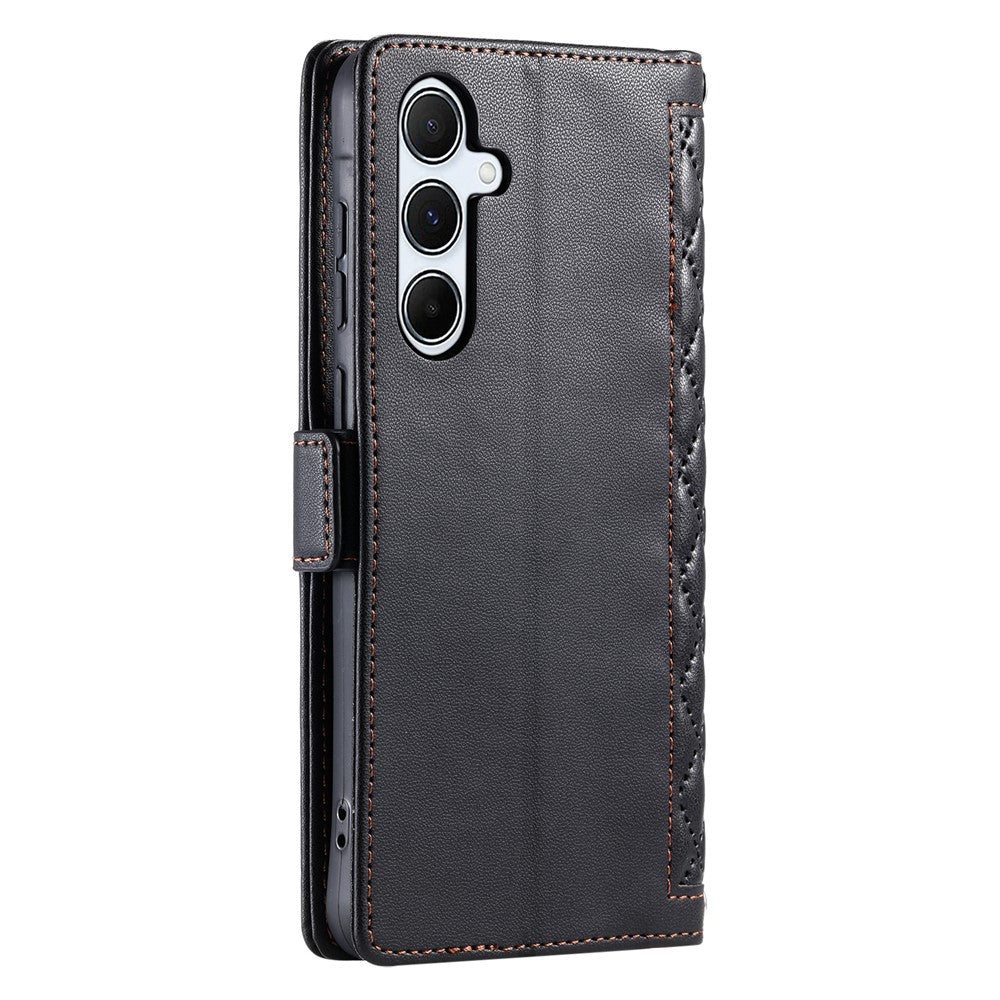 For Samsung Galaxy S26+ Leather Case Rhombus Texture Wallet Stand Phone Cover with Wrist Strap