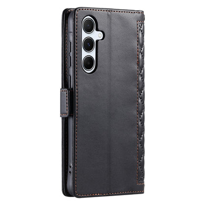 For Samsung Galaxy S26+ Leather Case Rhombus Texture Wallet Stand Phone Cover with Wrist Strap