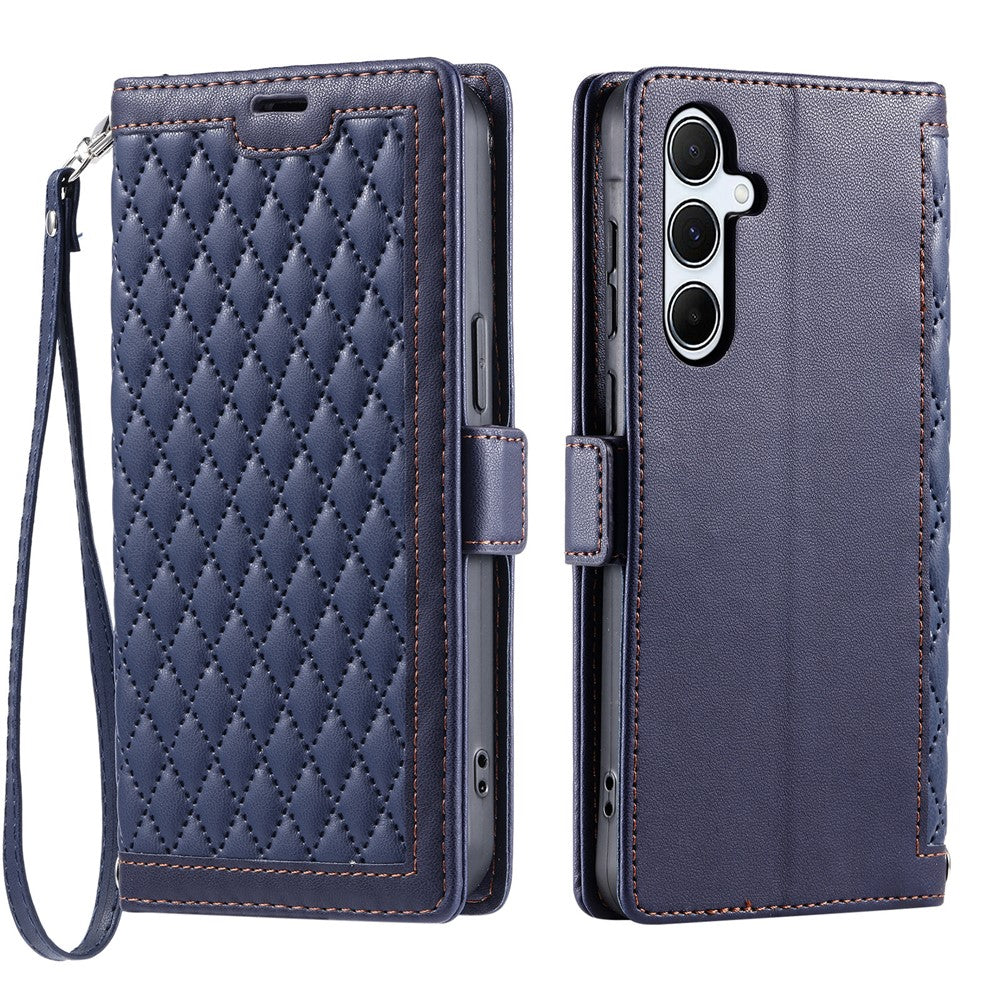 For Samsung Galaxy S26+ Leather Case Rhombus Texture Wallet Stand Phone Cover with Wrist Strap