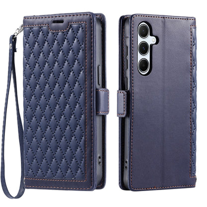 For Samsung Galaxy S26+ Leather Case Rhombus Texture Wallet Stand Phone Cover with Wrist Strap