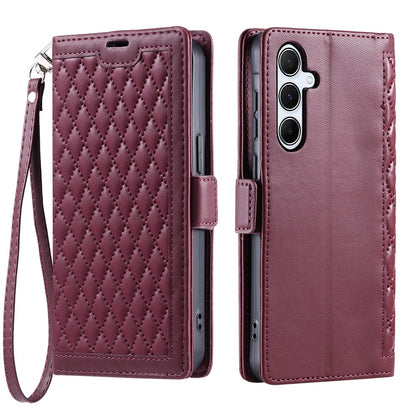 For Samsung Galaxy S26+ Leather Case Rhombus Texture Wallet Stand Phone Cover with Wrist Strap