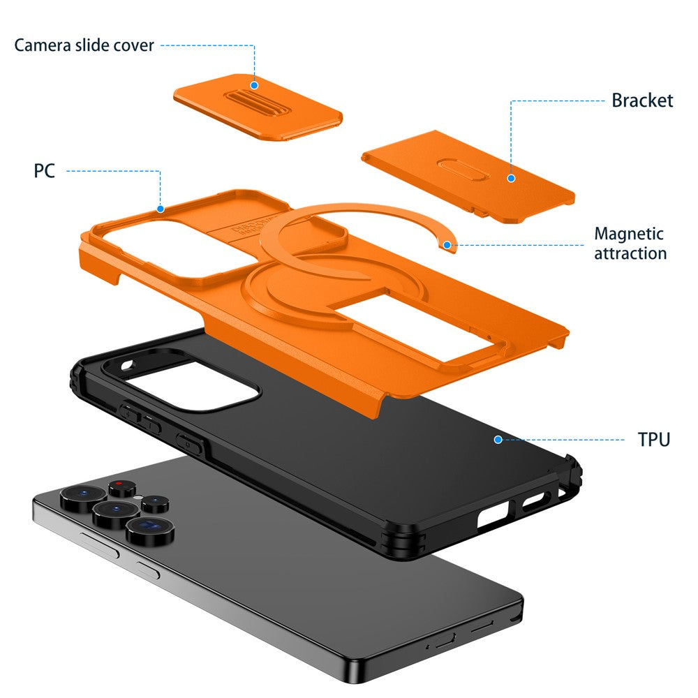 For Samsung Galaxy S25 Ultra Case Kickstand Camera Slider PC + TPU Phone Cover Magnetic Case