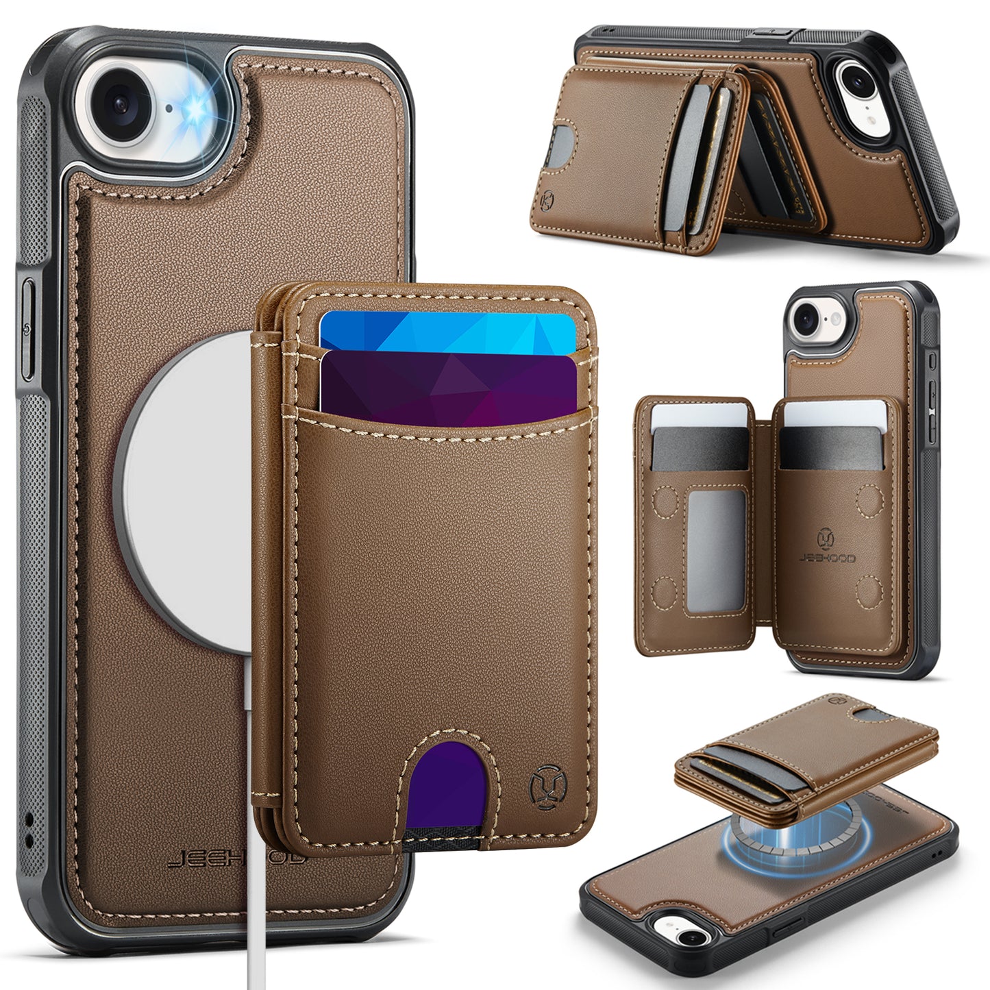 JEEHOOD For iPhone 17e / 16e Case  J10  Compatible with MagSafe Leather Back Phone Cover with Detachable Card Holder Kickstand