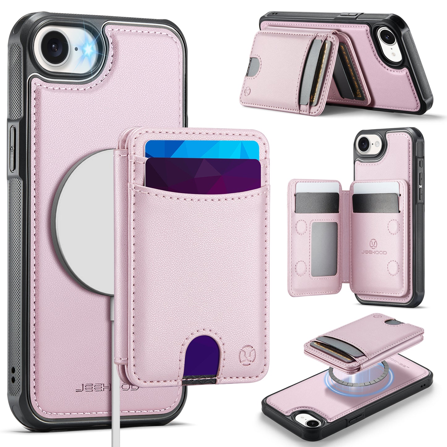 JEEHOOD For iPhone 17e / 16e Case  J10  Compatible with MagSafe Leather Back Phone Cover with Detachable Card Holder Kickstand