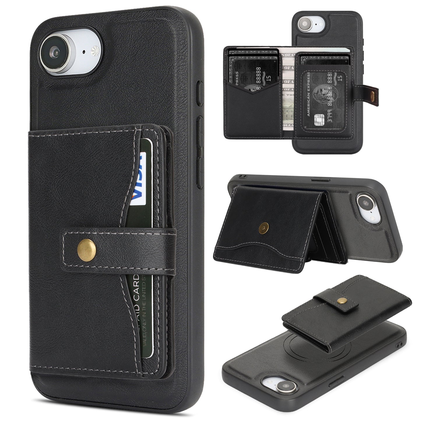 For iPhone 17e / 16e Kickstand Case Detachable Card Bag Compatible with MagSafe PU Leather Coated TPU Phone Cover