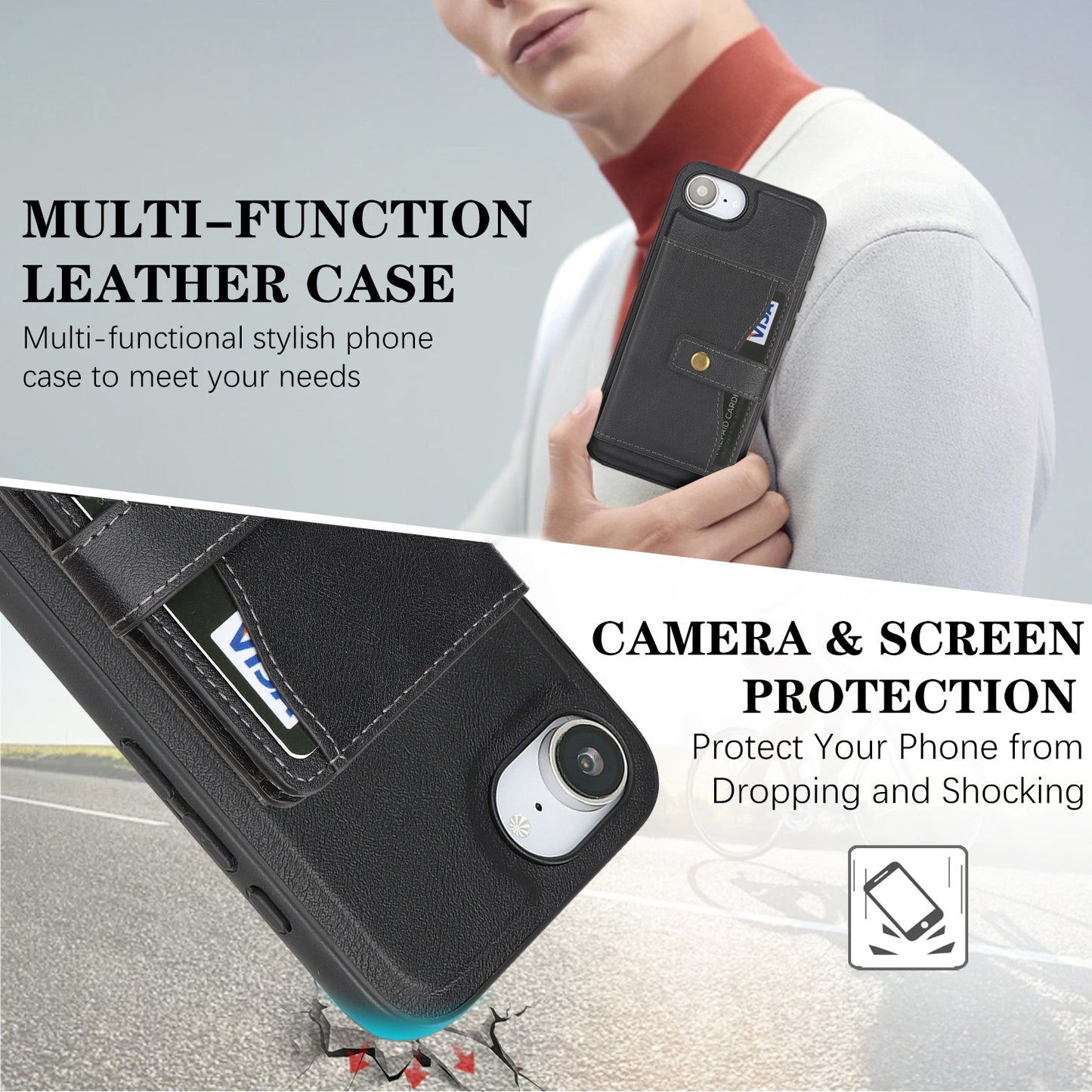 For iPhone 17e / 16e Kickstand Case Detachable Card Bag Compatible with MagSafe PU Leather Coated TPU Phone Cover