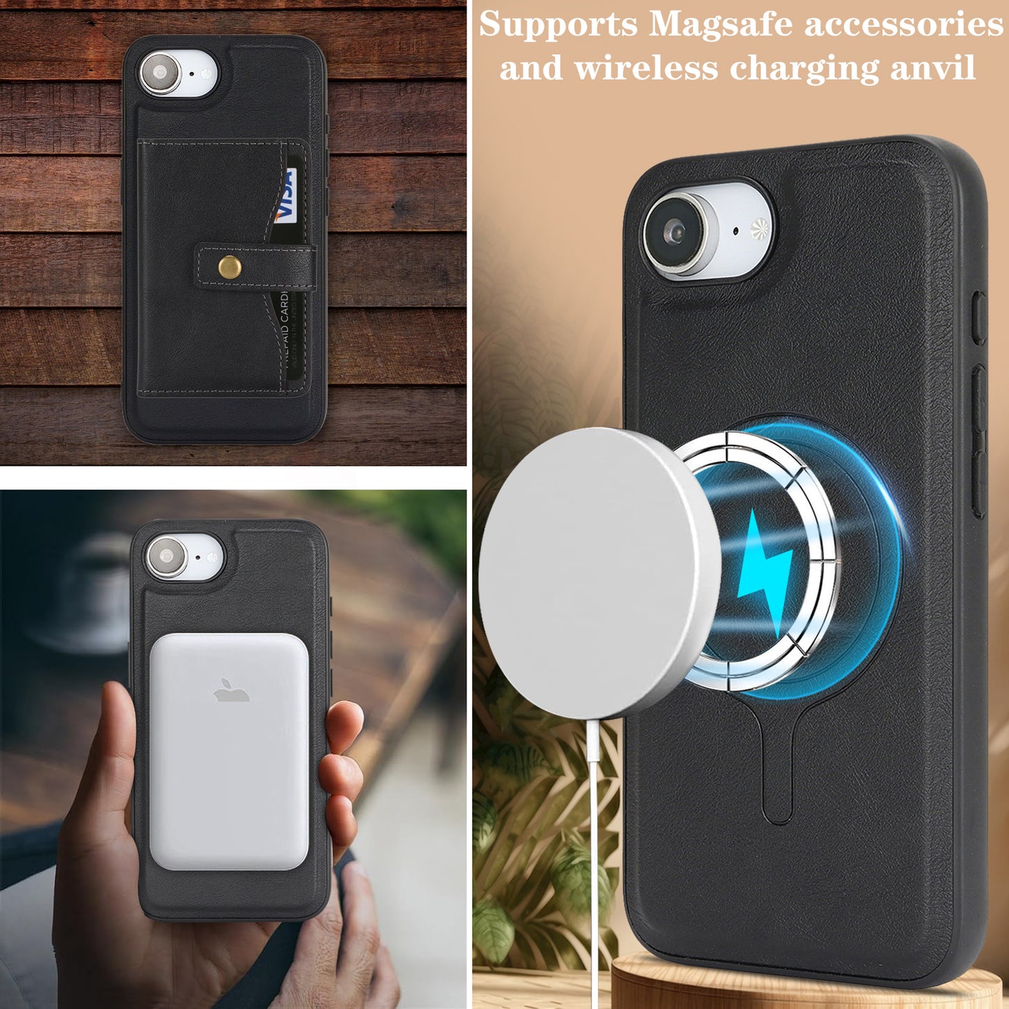 For iPhone 17e / 16e Kickstand Case Detachable Card Bag Compatible with MagSafe PU Leather Coated TPU Phone Cover