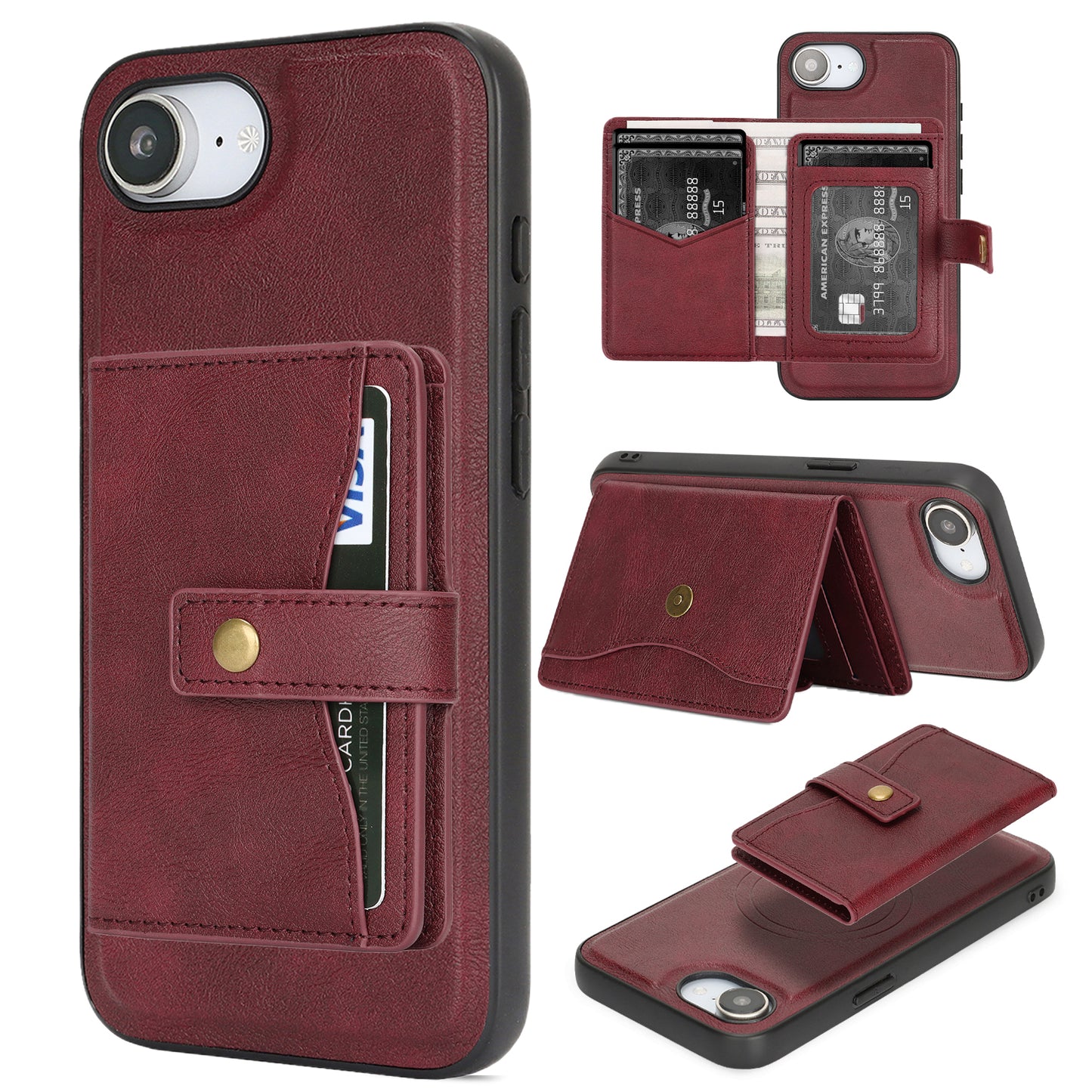 For iPhone 17e / 16e Kickstand Case Detachable Card Bag Compatible with MagSafe PU Leather Coated TPU Phone Cover