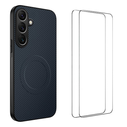 WANLONFENG For Samsung Galaxy A57 5G Magnetic Case  TQ1 Series Carbon Fiber Texture PC TPU Phone Cover with 2Pcs Screen Films