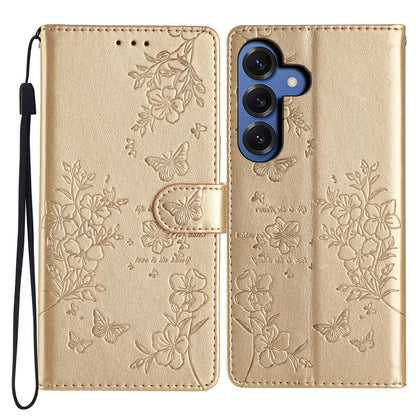 For Samsung Galaxy S26+ Wallet Phone Case Butterfly Floral Imprint Leather Flip Cover with Strap