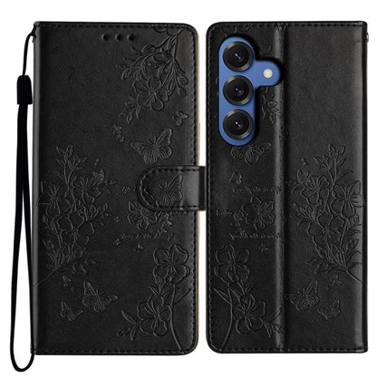 For Samsung Galaxy S26+ Wallet Phone Case Butterfly Floral Imprint Leather Flip Cover with Strap