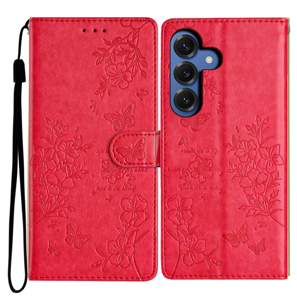For Samsung Galaxy S26+ Wallet Phone Case Butterfly Floral Imprint Leather Flip Cover with Strap