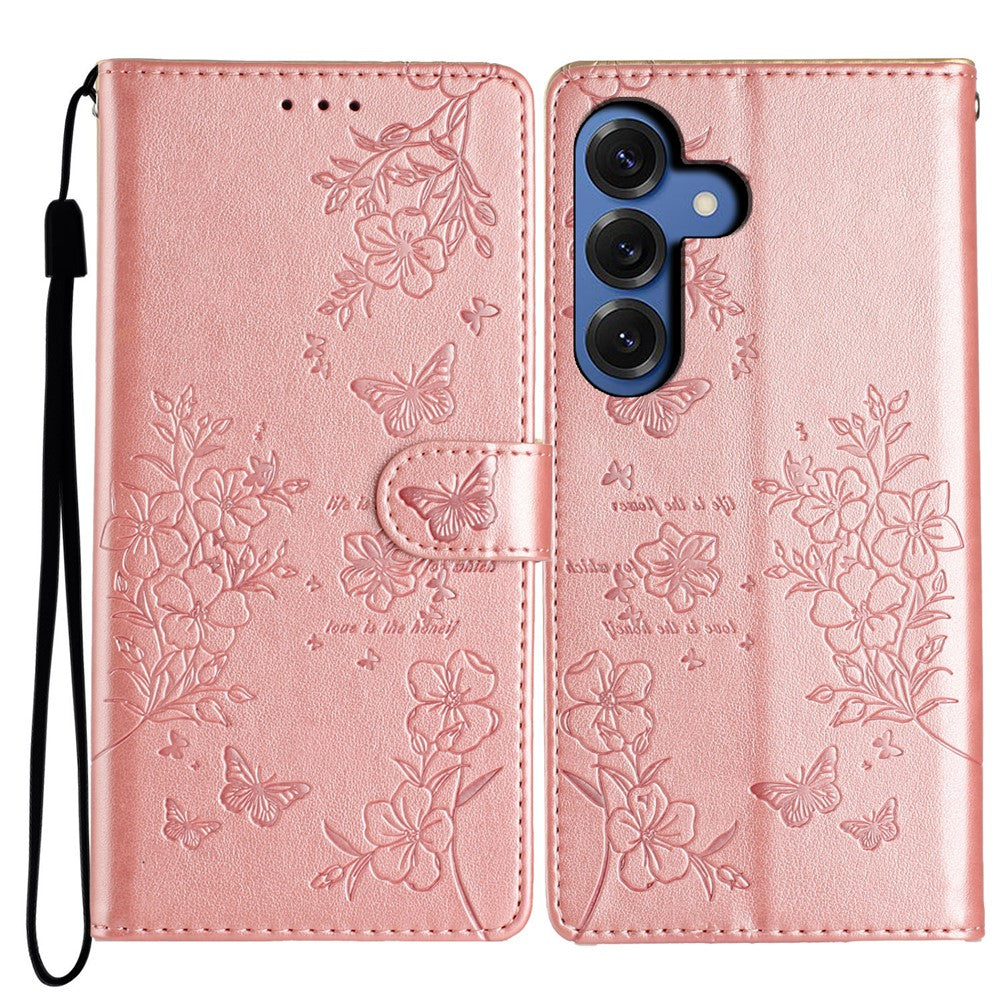 For Samsung Galaxy S26+ Wallet Phone Case Butterfly Floral Imprint Leather Flip Cover with Strap