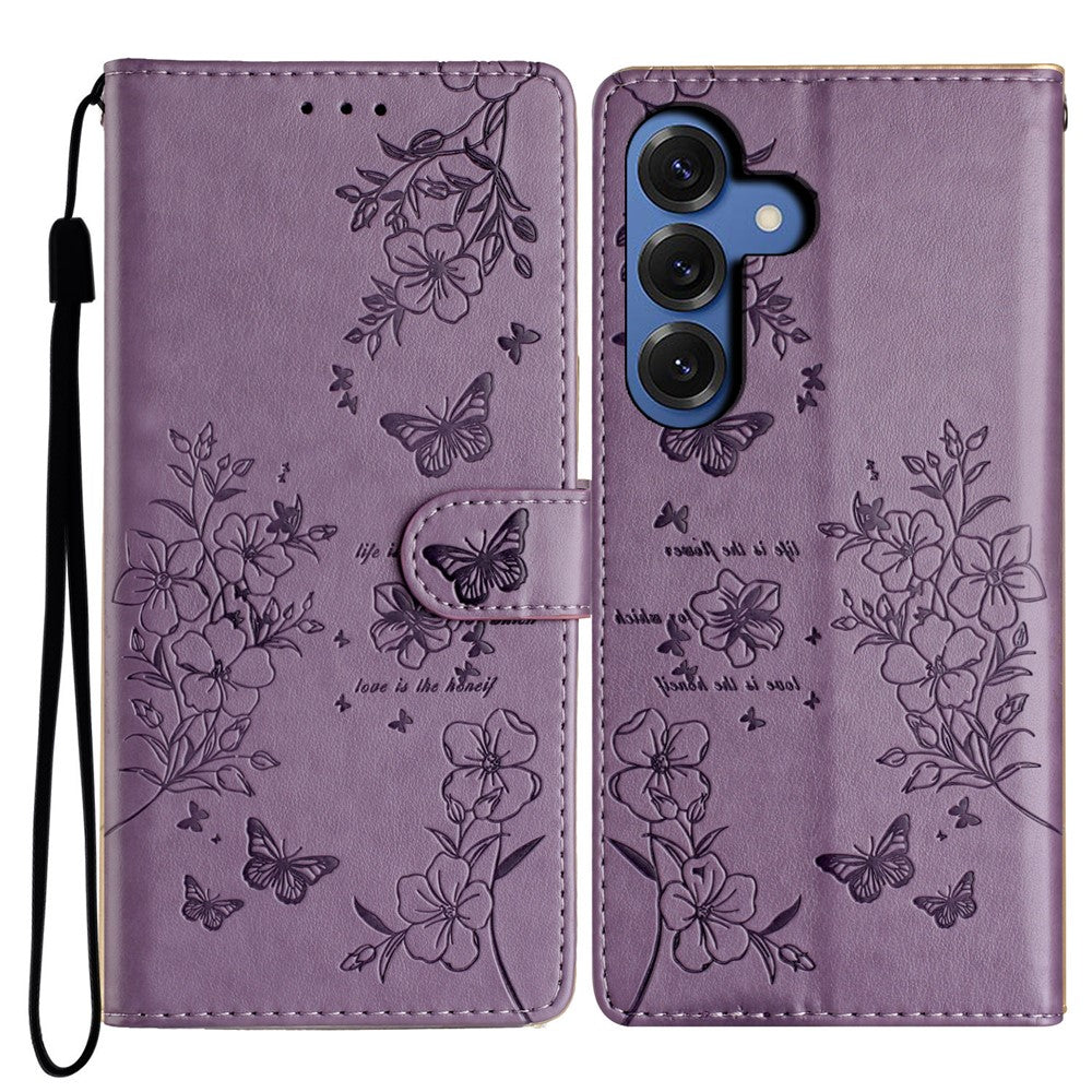For Samsung Galaxy S26+ Wallet Phone Case Butterfly Floral Imprint Leather Flip Cover with Strap