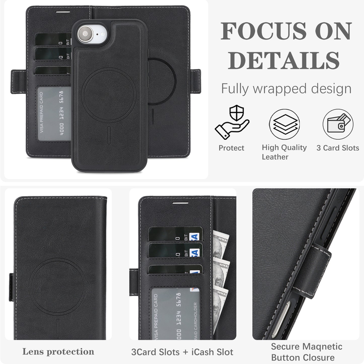 For iPhone 17e / 16e Case Detachable 2 in 1 Leather Wallet Phone Cover Compatible with MagSafe