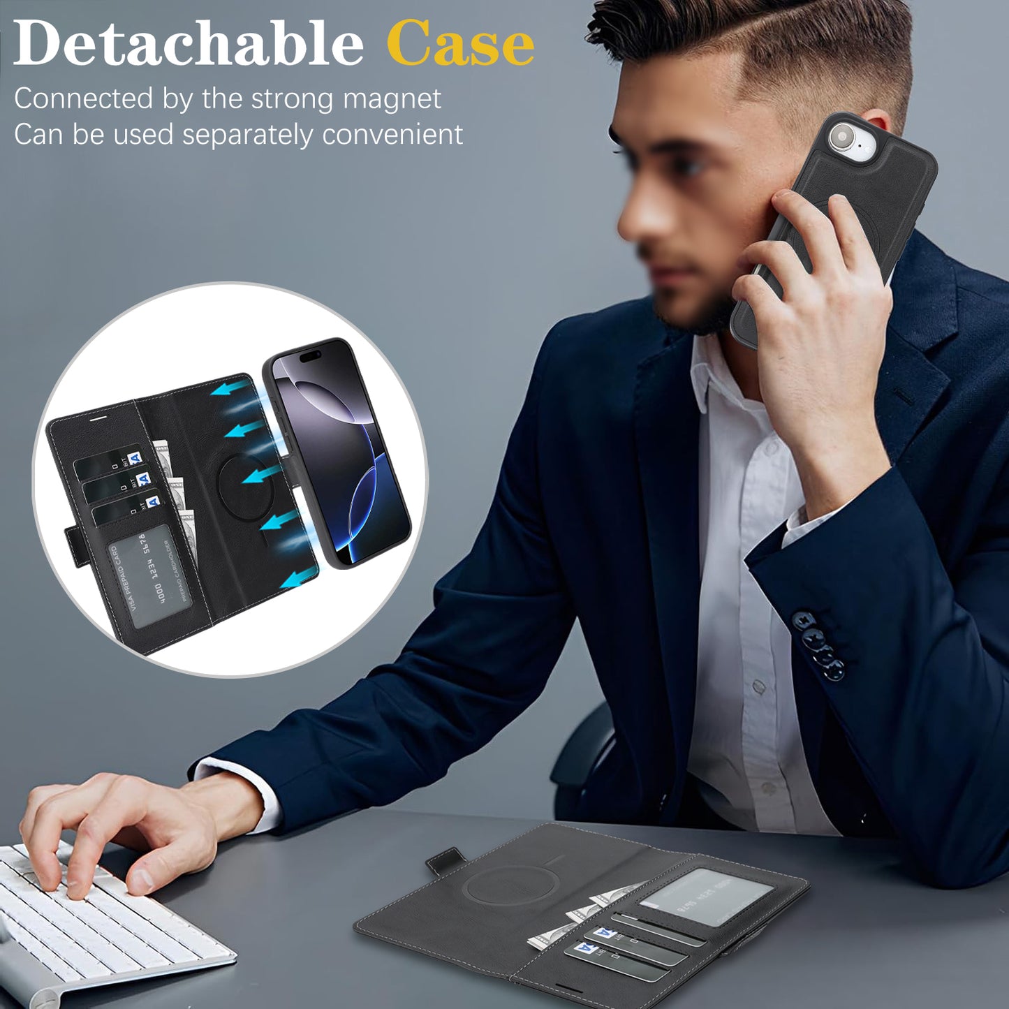 For iPhone 17e / 16e Case Detachable 2 in 1 Leather Wallet Phone Cover Compatible with MagSafe