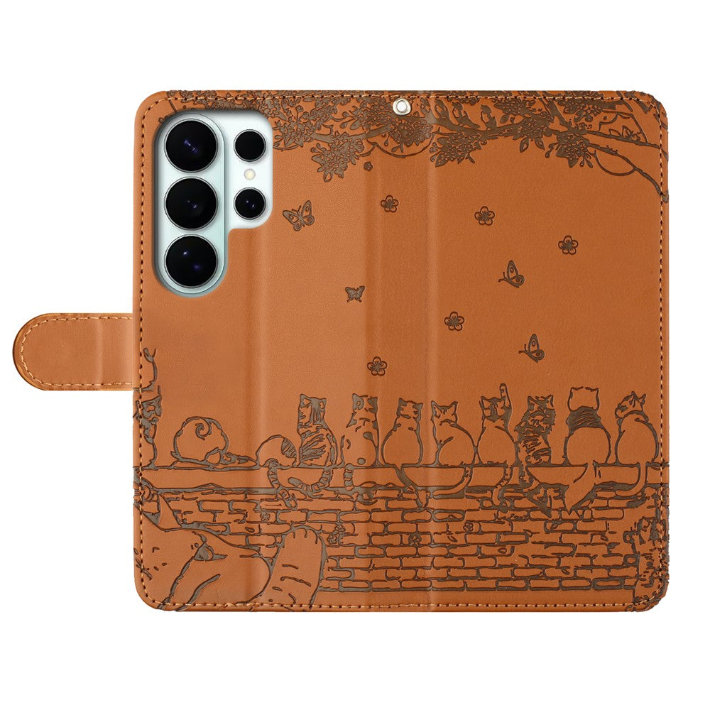 For Samsung Galaxy S26 Ultra Case with Wrist Strap Leather Phone Cover Wall Cats Pattern