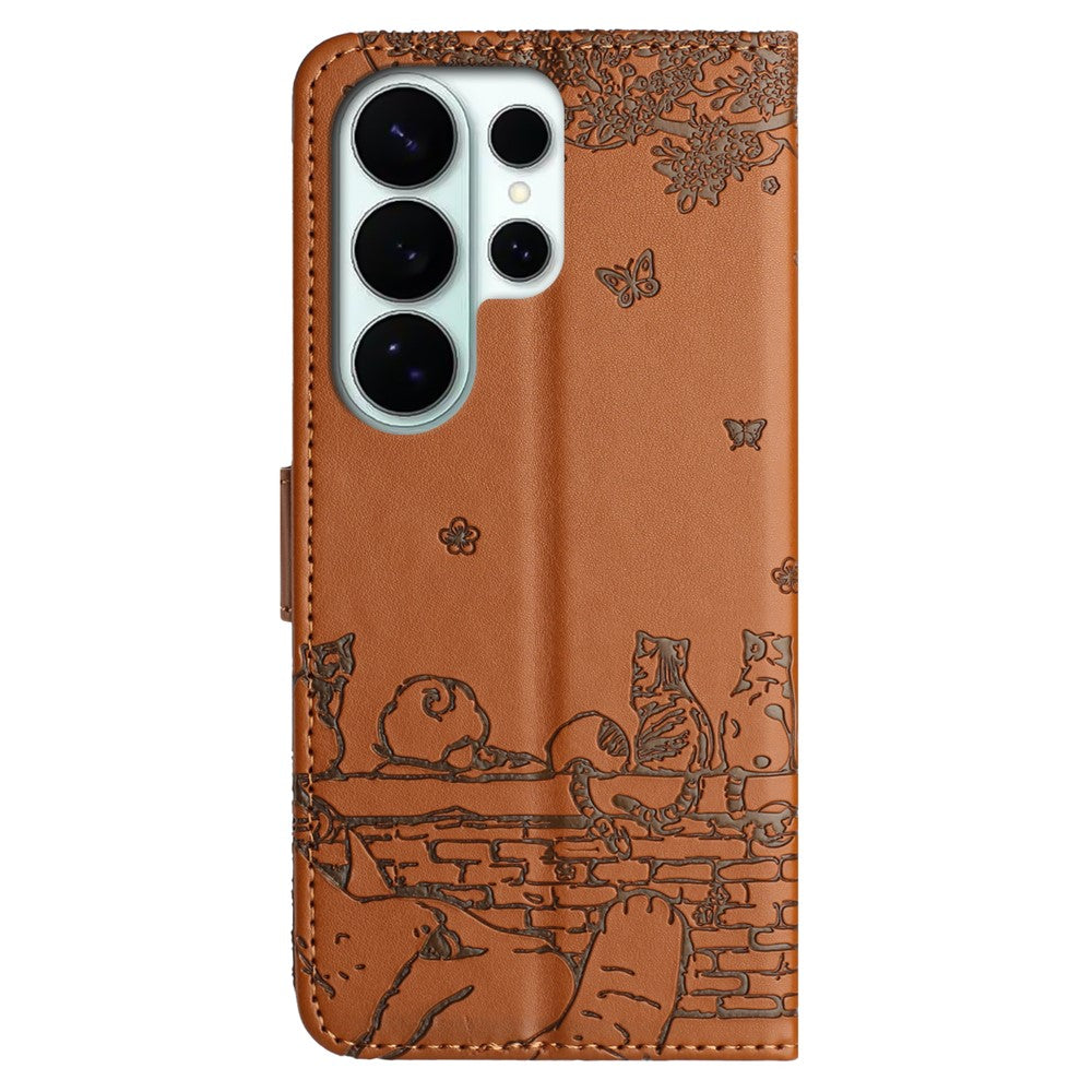 For Samsung Galaxy S26 Ultra Case with Wrist Strap Leather Phone Cover Wall Cats Pattern