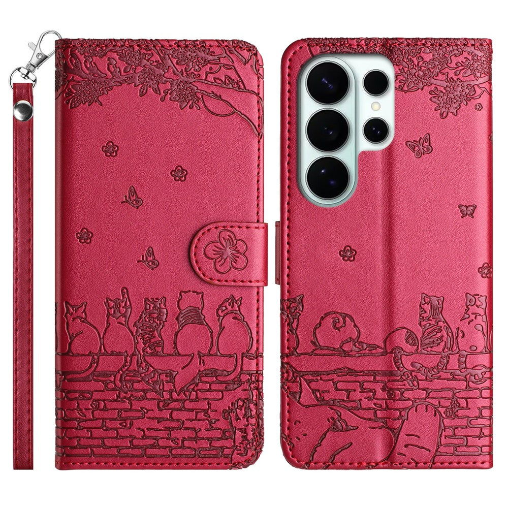For Samsung Galaxy S26 Ultra Case with Wrist Strap Leather Phone Cover Wall Cats Pattern