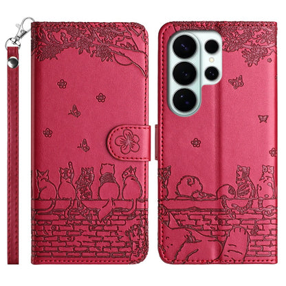 For Samsung Galaxy S26 Ultra Case with Wrist Strap Leather Phone Cover Wall Cats Pattern